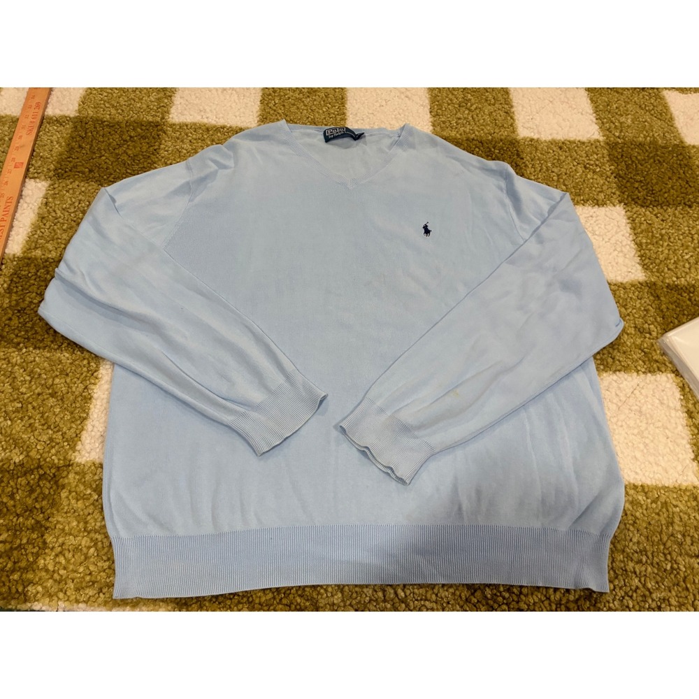 Polo‎ Ralph Lauren Mens XXL Light Blue Pima Cotton V-Neck Sweater Navy Pony Logo